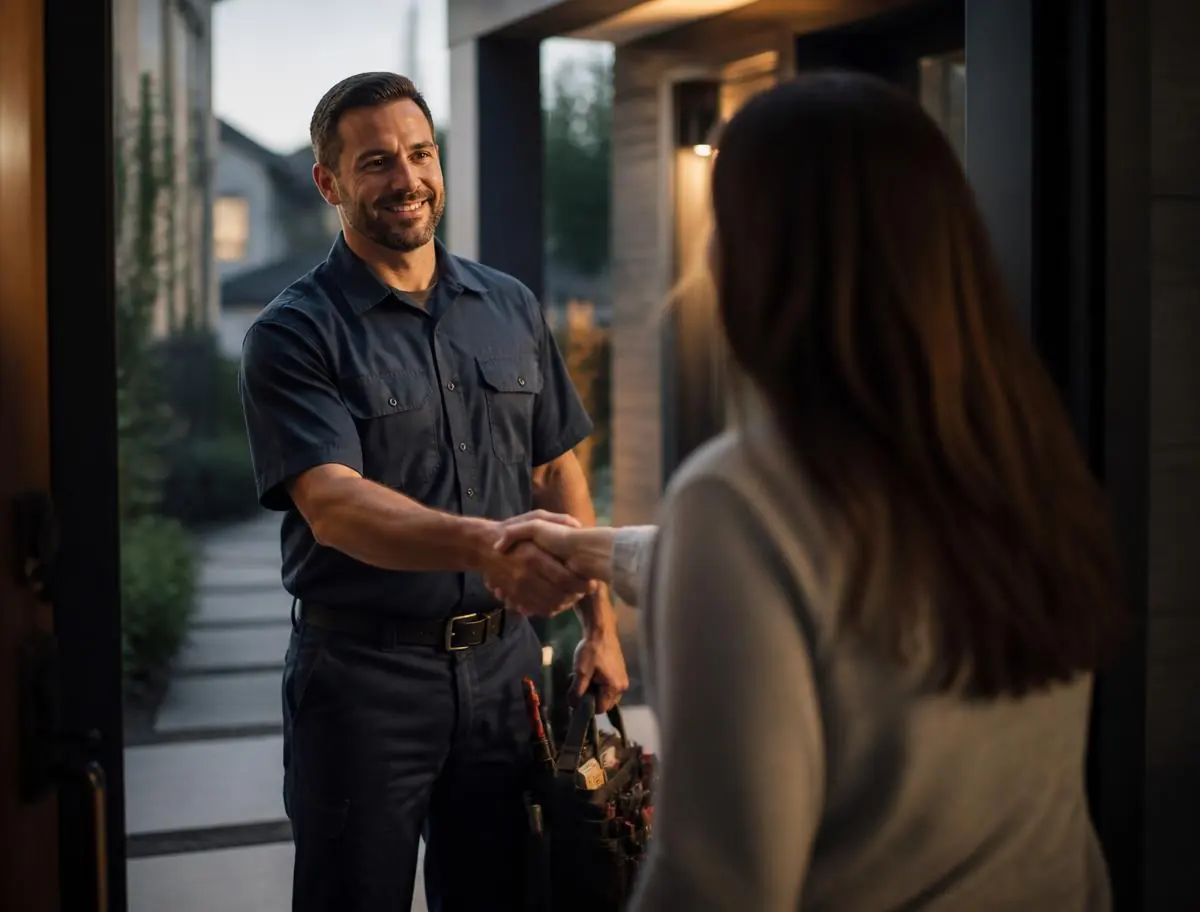 Técnico da ABC Caça Vazamento sendo recebido por cliente em atendimento residencial