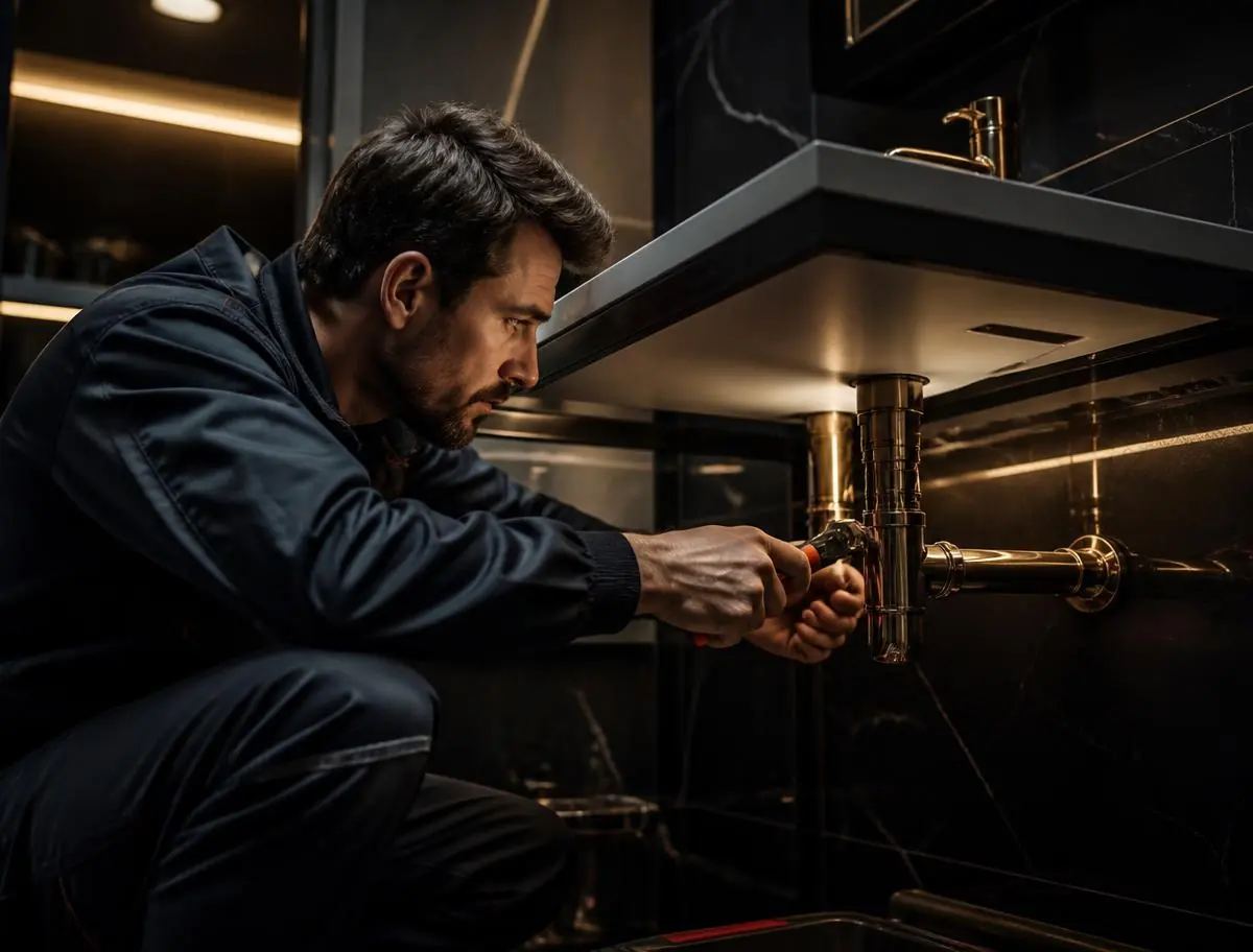 Técnico realizando reparo hidráulico em tubulação sob a pia