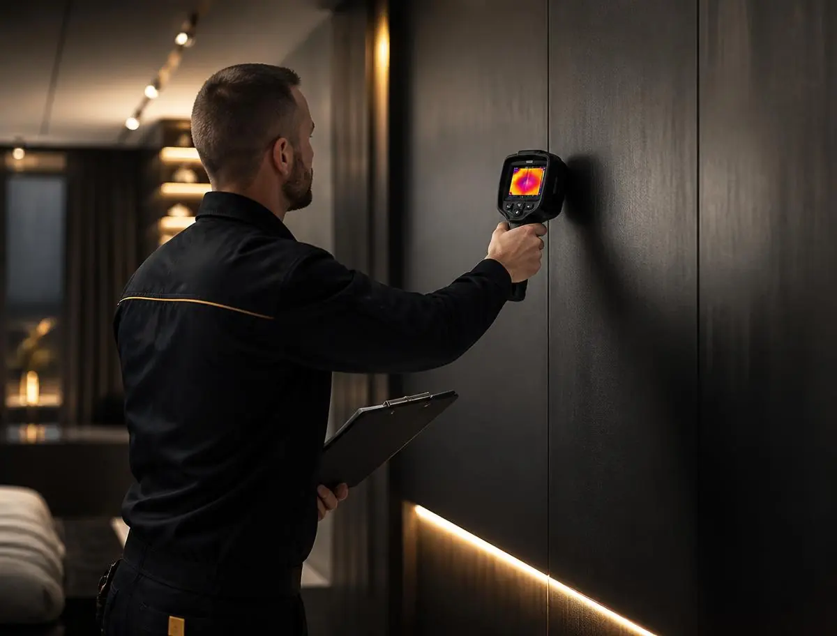 Técnico realizando vistoria com câmera térmica em parede de apartamento